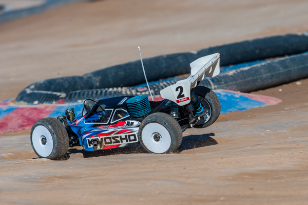Kyosho's Jared Tebo at the end of the straight