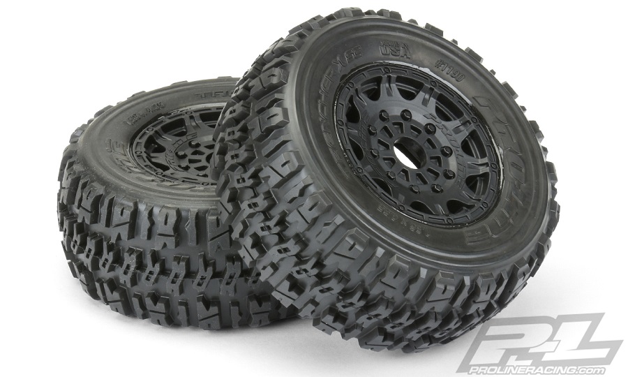 Pro-Line Trencher X SC 2.2"/3.0" Tires Mounted On Raid Black 17mm Wheels