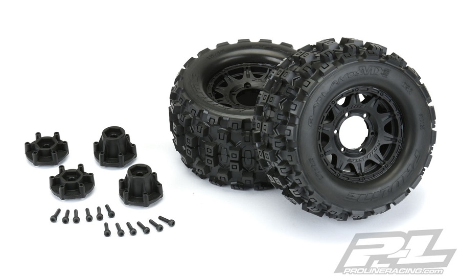 Pro-Line Badlands MX28 2.8" All Terrain Tires Mounted On Raid Black Removable Hex Wheels