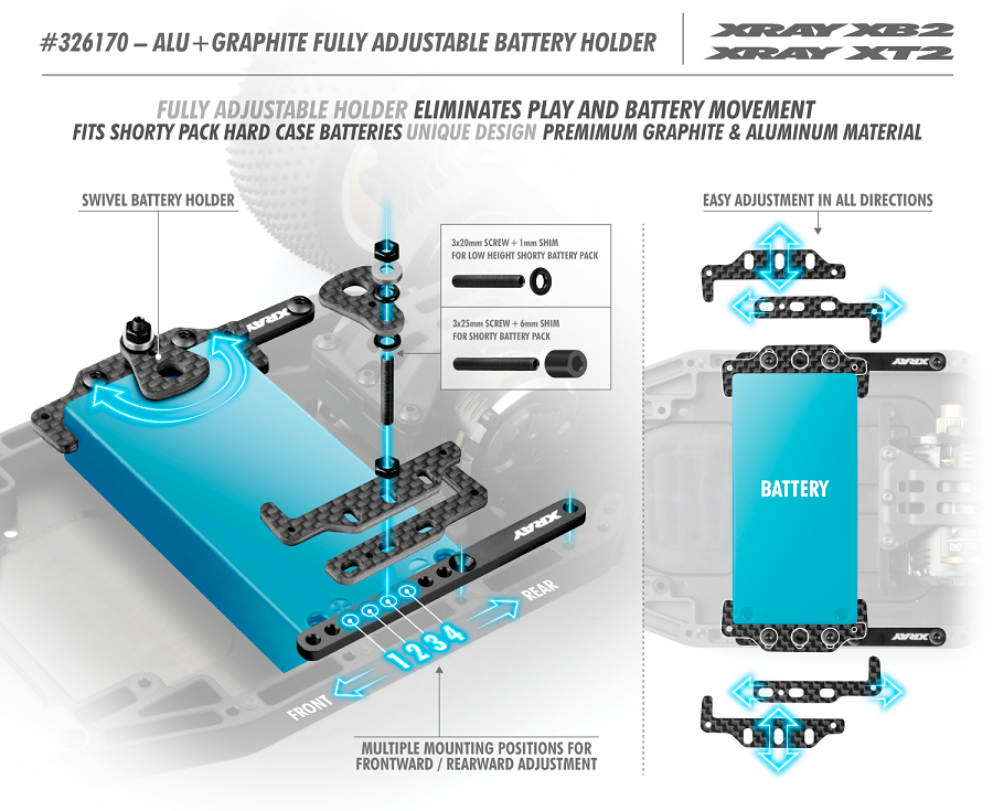 Xray batería soporte para corto chasis bulk xra326113zz xb2 Dirt 2019,