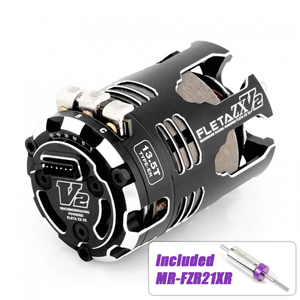 This motor is included with MR-FZR21XR FLETA ZX V2 Spec Rotor 12.5x7.25x24.2mm [ XR ]. Motor torque is increased, suitable for 1/10 scale buggy class (Blinky).  Muchmore Racing research and development team succeeded to make a brand new motor that guarantees maximum power and efficiency.  Flow-Max 2 Cooling System is produced by simple 2-piece CNC processing that allows superior cooling effect.   We were able to enhance the cooling efficiency by 15% in comparison to our past motor products which is great achievement in terms of keeping the motor performance as high as possible.  In addition, the High Power New Stator Design approach doesn’t use separate insulator.   Therefore, less weight and maximum cooling efficiency achieved.  All FLETA ZX V2 motor incorporates “Maximum low resistance copper wire” that allows low internal resistance which results in maximum output power increase.  High Temperature rated wire is used for winding the motors to minimized the risk of burning up the motor.  The motor uses Heavy-duty silver-plate solder tabs which reduce resistance.  Also, it uses the double eyelet to prevent fatiguing over time.  The stator design achieves very low internal resistance in exchange for surprisingly high output power.  Improved ease of maintenance and loss of weight is additional features achieved by NEW V2 design.  All new FLETA ZX V2 motor promises maximum power output and RPM achieved by Pure copper magnetic wire and Low resistance collector rings.  This motor fits perfectly for 1S powered pan cars, 2S powered buggy, truck, and touring cars.  All new stator design offers smooth acceleration both on- and off-road racings.  Our recently upgraded manufacturing capability has achieved “precision balanced neodymium high-temperature rotor” which shows enhanced performance.   Also, special setup program and optional rotors make various kinds of tune-ups possible according to drivers’ choices.  #MR-V2ZX215ERXR - FLETA ZX V2 21.5T ER Spec Brushless Motor w/21XR  #MR-V2ZX175ERXR - FLETA ZX V2 17.5T ER Spec Brushless Motor w/21XR  #MR-V2ZX135ERXR - FLETA ZX V2 13.5T ER Spec Brushless Motor w/21XR 
