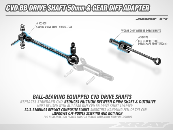 XRAY T4 CVD BB Drive Shaft 50mm & Gear Diff Adapter