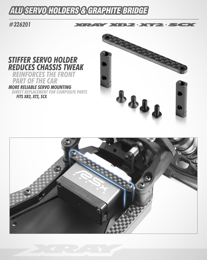 XRAY Aluminum Servo Holders & Graphite Bridge For The XB2, XT2 & SCX